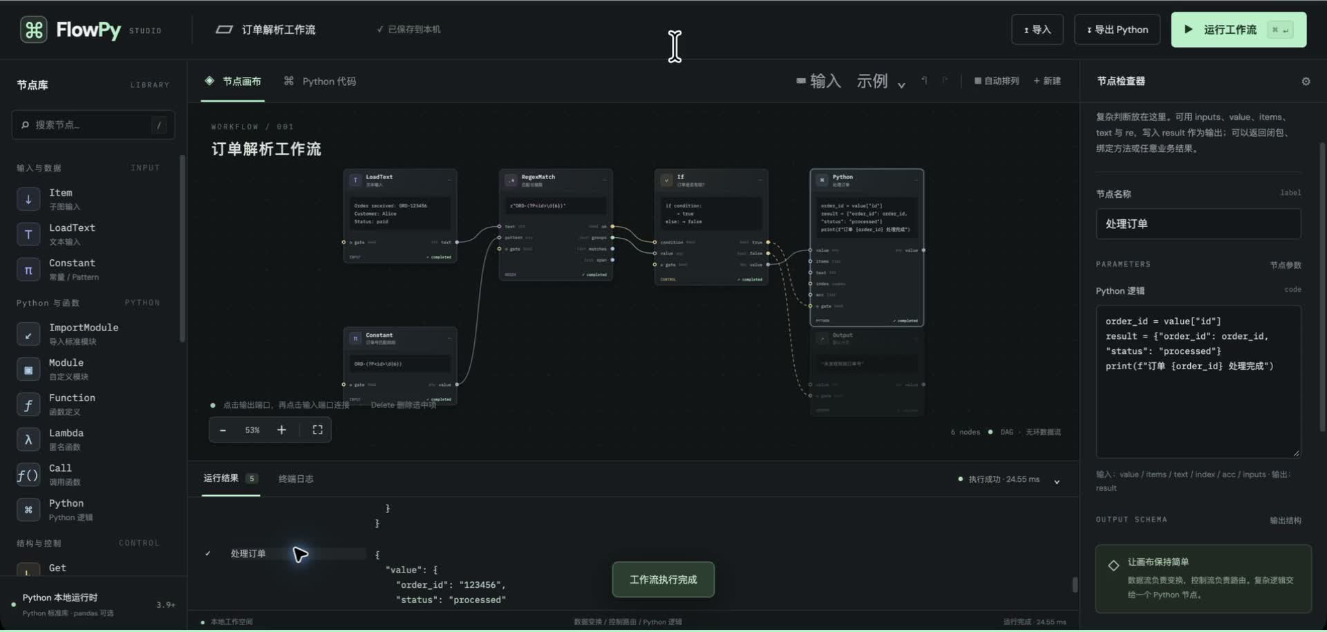 FlowPy 实际界面：订单文本通过正则抽取、条件分支与 Python 节点，得到运行结果