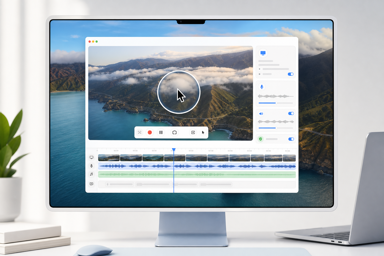 Illustration of a screen recording interface with cursor focus and audio waveforms